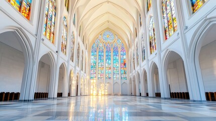Fototapeta premium Sanctified Illumination - Majestic Gothic Cathedral Interior with Stained Glass Vaulted Ceilings and Reverent Aura