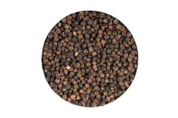 plate full of peppercorns viewed from above. Closeup white background stock images. copy space. natural aromatic Black pepper in grain on white background. stock image. Ground black pepper.
