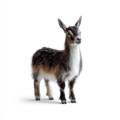Fototapeta premium Adorable young goat with short fur standing against a plain white background, perfect for agricultural or pet-related themes.