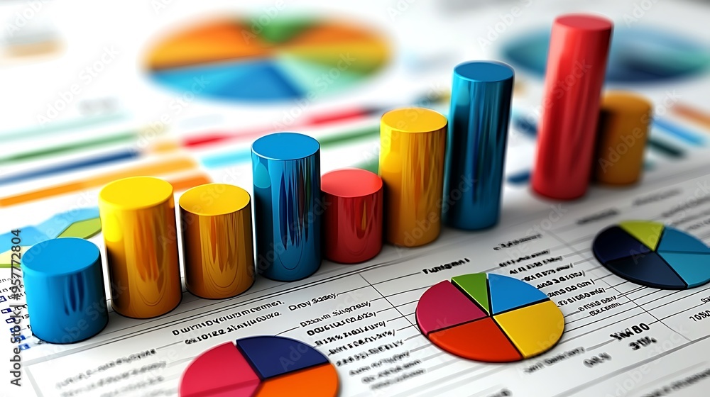 Poster a colorful bar chart and pie chart displayed on a financial report, showcasing data vividly.