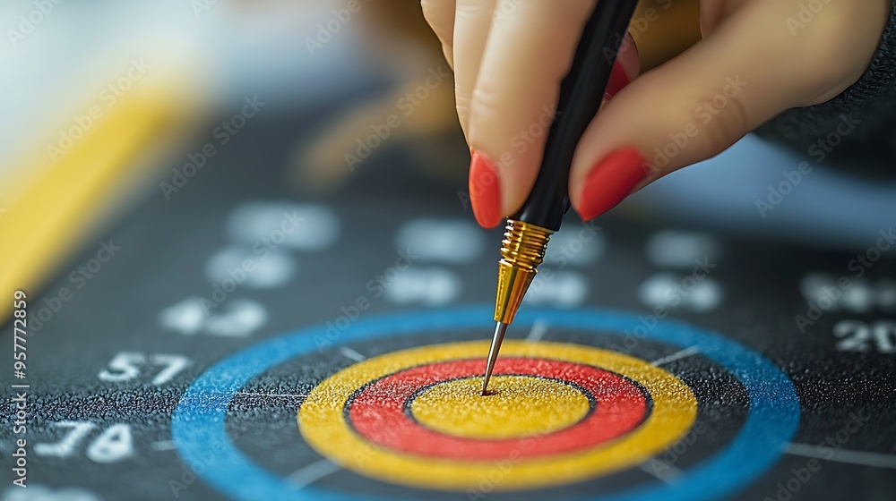 Poster a close-up of a dart landing precisely in the bullseye on a dartboard.