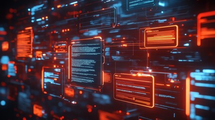 Futuristic digital interface with glowing data panels and vibrant colors, ideal for technology or cyber concepts.