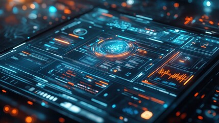 Obraz premium Futuristic digital interface with vibrant data visualizations and technology elements on a sleek tablet screen.