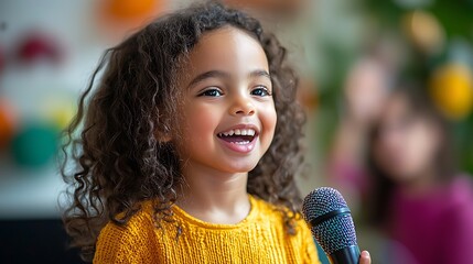 A joyful girl sings into a microphone, her voice full of youthful enthusiasm.