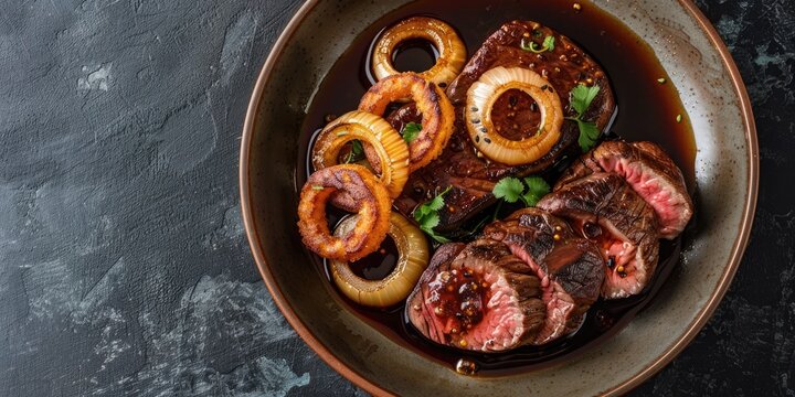 Traditional Cuban dry aged angus bistec encebollado steak with onion rings in soy sauce presented in a modern Nordic design bowl with ample copy space