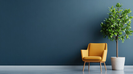 Stylish interior with a yellow armchair and potted plant against a dark teal wall, showcasing minimalist design and modern decor.