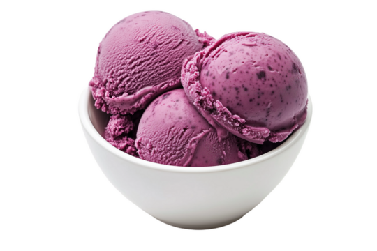 Three scoops of purple ice cream in a white bowl