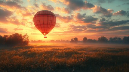 Obraz premium A hot air balloon floats over a tranquil landscape at sunset.