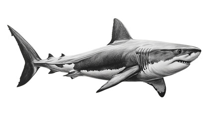 Obraz premium A detailed pencil drawing of a great white shark, captured in its natural environment