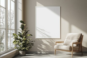 Poster Frame in Beige minimalist living room interior created with generative AI