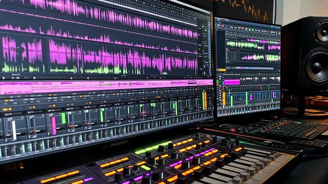 A computer monitor displays a colorful display of music notes and sound waves. The scene is set in a studio, with a keyboard and a pair of speakers in the background. Scene is creative and artistic