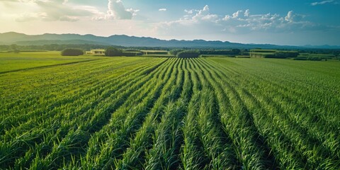 Aerial View of a Sugar Cane Plantation Drone Image Showing Sugarcane Field with Blue Sky and White Clouds
