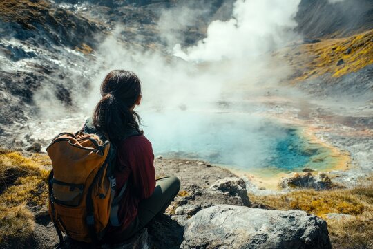 A female scientist investigating geothermal activity in a remote hot spring. The steam rises from the colorful pools