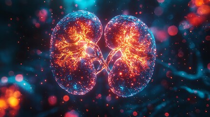 A glowing medical illustration of human kidneys, with blue and red particles illuminating the anatomy.