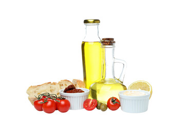 PNG, olives, tomato, olive oil and bread, isolated on white background.
