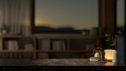 A copy space for displaying products on a black marble tabletop in a dark modern room at night.