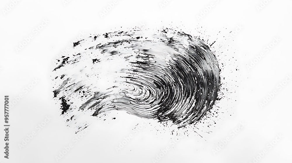 Poster an abstract black ink swirl with splashes and drips, creating dynamic visual movement.