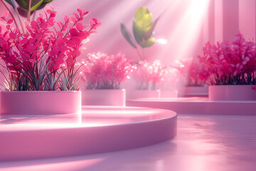 A modern and minimalist Zoom room background with pops of pink in a contemporary gallery style,...