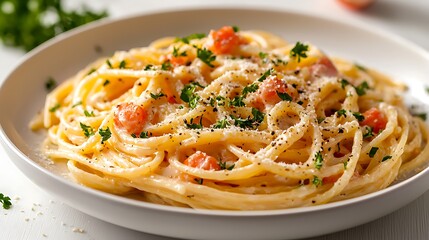 Creamy spaghetti topped with parmesan cheese and fresh parsley, an irresistible dish.