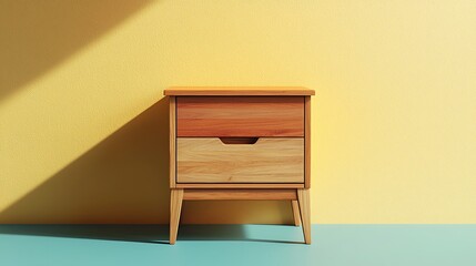 A wooden nightstand with two drawers set against a backdrop of yellow and green, blending rustic...