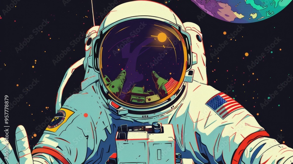 Poster astronaut in a detailed space suit, symbolizing unity in space exploration.