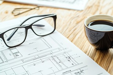 Top view of business workplace with papers, coffee cup and glasses on wooden table