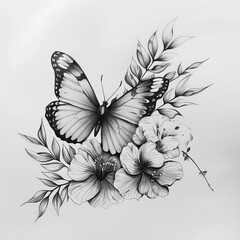 Fototapeta premium butterfly, flower, plant, nature, leaf, branch, floral, drawing, vector, illustration, bouquet, vase, decoration, flowers, tree, summer, flora, blossom, bunch, spring, sketch, art, garden, black, tatt