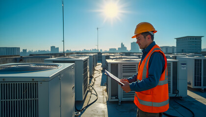 HVAC Technician Inspecting Air Conditioning Units on Rooftop.