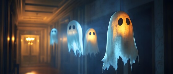 Spooky ghosts float down a dimly lit hallway, creating an eerie and mysterious atmosphere perfect for Halloween themes.