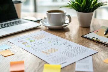 Office workplace with notepad, coffee cup and plant on wooden table