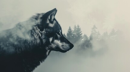 Artistic double exposure of a wolf silhouette and a foggy forest creating a mysterious image.