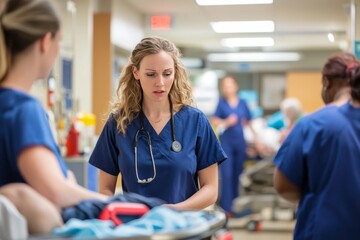 Female doctor coordinating emergency care in a busy ER. She’s directing nurses and ensuring that each patient receives prompt attention