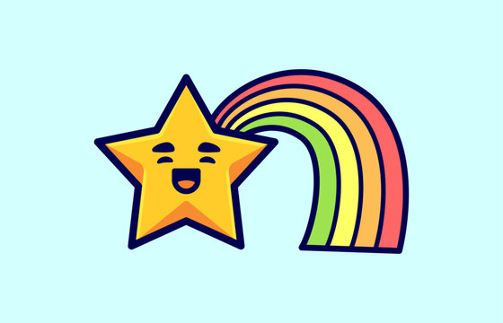 Colorful cartoon character shooting rainbow star rising vector illustration icon design 