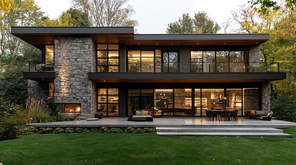A modern stone house with a stylish patio and lush green grass, combining nature and architecture.
