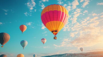 Obraz premium Colorful hot air balloons soar gracefully through a bright blue sky dotted with fluffy white clouds.