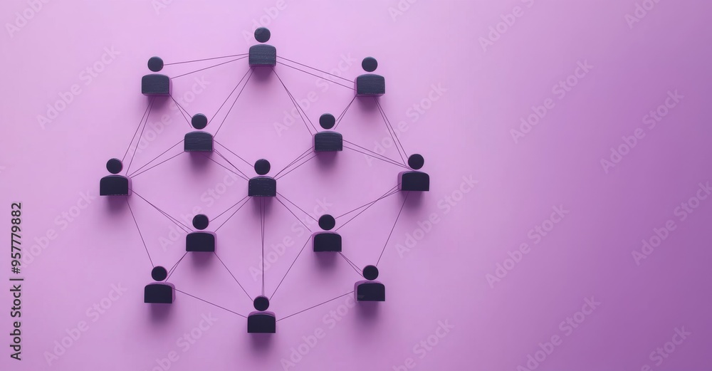 Poster network of people connected by blocks with black icons on a lilac background with copy space, top vi