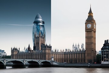 Big Ben and London Cityscape Double Exposure Minimalist Artwork Collage Illustration