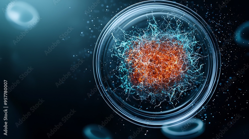 Poster intricate details of a stained cell under microscope with laboratory equipment in the background - s