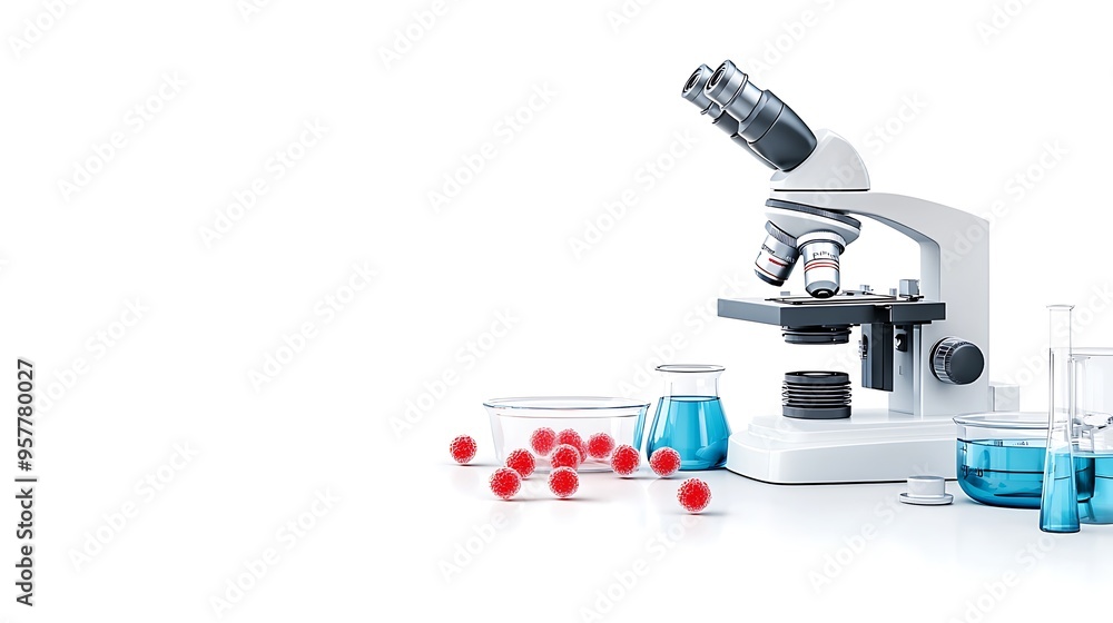 Poster scientific analysis concept - doodle microscope examining stained cell specimen in lab setting with 