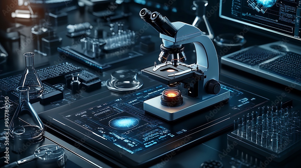 Poster detailed biology experiment scene with microscope and lab instruments for study copy space