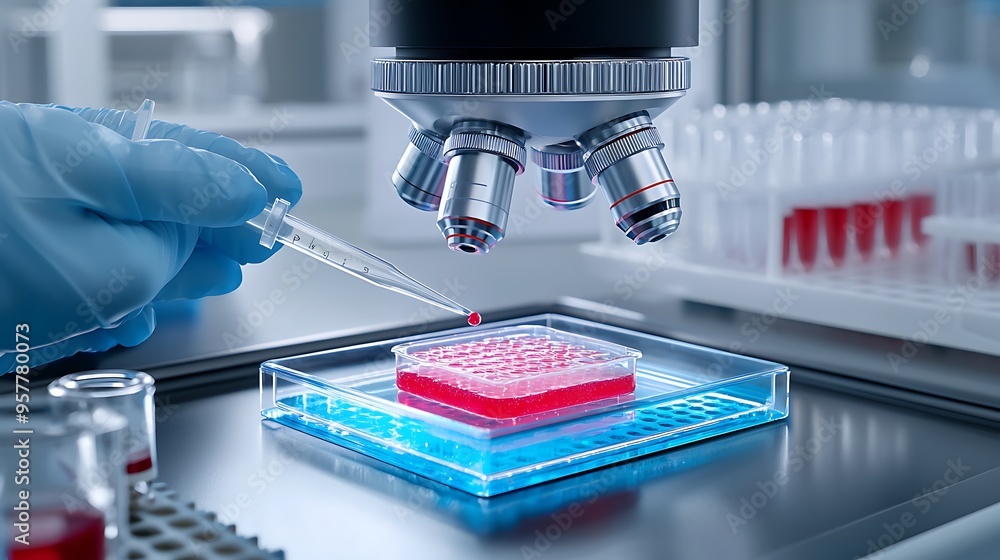 Poster detailed stained cell culture on microscope slide in laboratory setting with copy space for text.