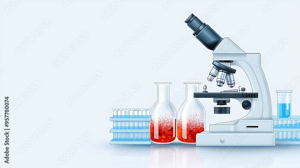 Aufkleber doodle style illustration of a lab setup with a microscope focusing on a stained cell slide highligh