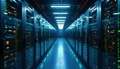 Fototapeta premium Server room with glowing lights.