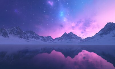 snow-covered mountains reflected in a perfectly still lake, Generative AI