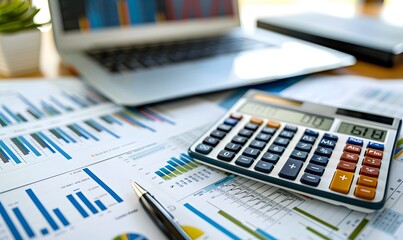 Calculator on financial statement and balance sheeet on desk of auditor. Concept of accounting and audit business. 