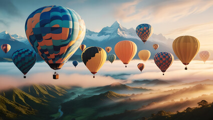 Obraz premium Misty Mountains and Vibrant Balloons