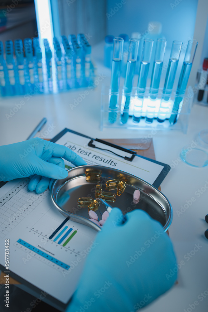 Wall mural a scientist is testing various pills in order to improve their quality an effectiveness in the labor