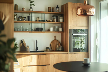 Modern Kitchen with Open Shelving and Stylish Copper Accents