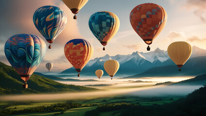 Obraz premium Graceful Flight: Balloons Over a Green Valley