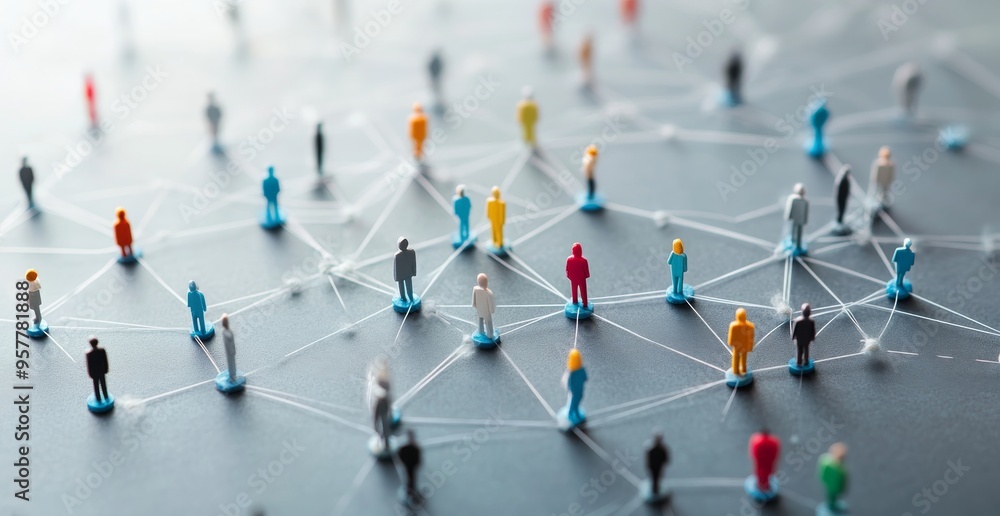 Poster simplified network of people connecting on a gray background with space for text, symbolizing social